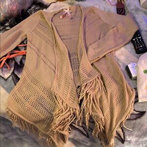 Derek Heart Open-Front Fringe Knit Cardigan - Beige